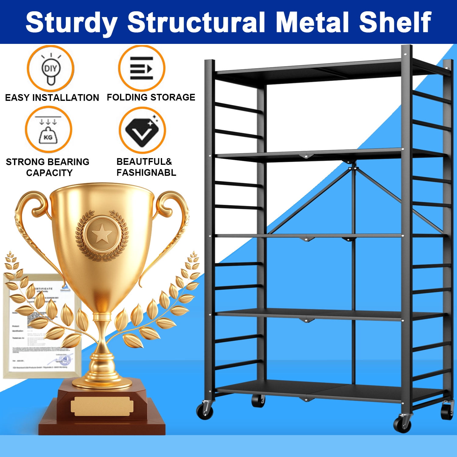 5-Tier Storage Shelf Rack, Heavy Duty Metal Shelf , Foldable Storage Shelving Unit with Wheels, Garage Shelf, Metal Storage Rack, Kitchen Shelf