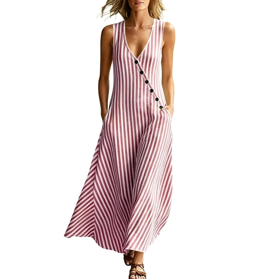 Kukoosong Women's Diagonal Button Striped Tank Maxi Dress, Sleeveless V Neck Loose A-Line Dress, Casual Summer Beach Long Sundress with Side Pockets