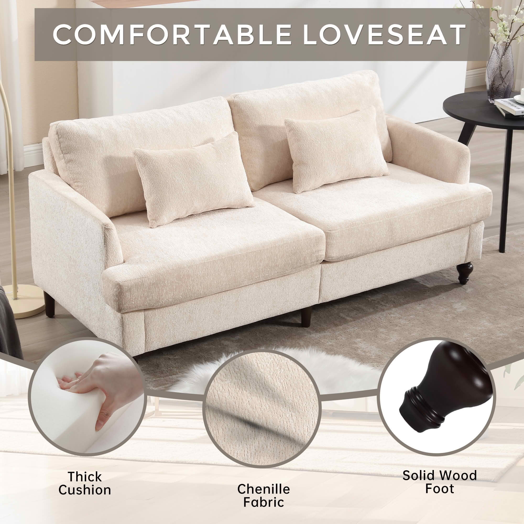 MAYEERTY Mid-Century Chenille 2-Seater Loveseat, Comfy Deep Seat Sofa with Brown Wood Feet for Small Living Room & Bedroom