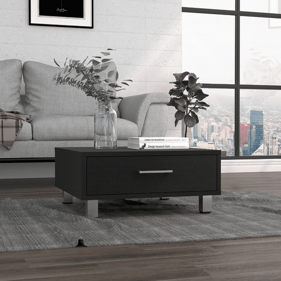 Coffee Table with Storage Drawer, Particle Board and Metal Legs, 23.6''W x 23.6''D, Black Finish with Metal Handle, Modern Living Room Accent Table for Home and Office Spaces