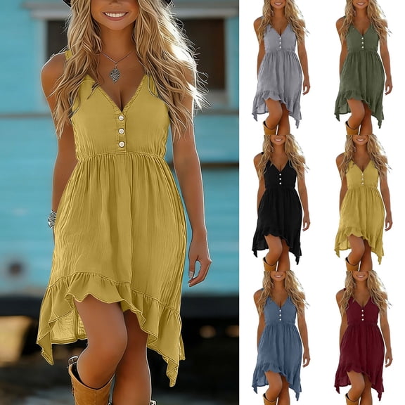 Smsaxvxz Summer Dresses for Women 2026 Fashion Button V Neck Spaghetti Strap Irregular Ruffle Hem Casual Solid Loose Beach Vacation Mini Sundress Yellow XL