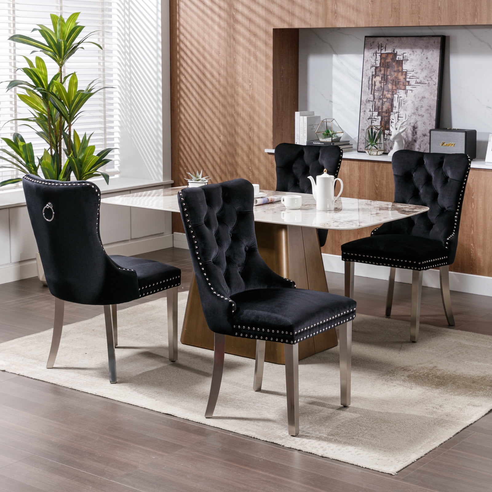 LegaHome Dining Chairs Set of 2, Modern Upholstered Velvet Dining Room Chairs with Nailhead Trim and Chrome Stainless Steel Plating Solid Wood Legs, Tufted Button Padded Chairs Set for Kitchen, Black
