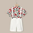 thumbnail image 2 of Weebloom Kids Boys Summer Outfits,Cartoon Printed Short Sleeved Shirt Solid Color Suspenders Shorts Bow Tie 4 Piece Children Performance Suit Casual Sportswear,1-2 Years, 2 of 5