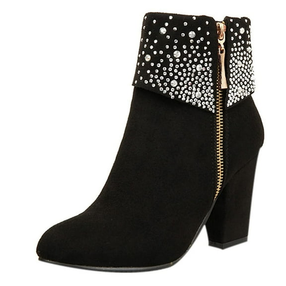 hopeusnice Women's Rhinestone Ankle Boots Zipper Suede Block Heel Booties Comfortable Dressy Winter Warm Shoes Black 38