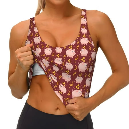 Qokaie Cute Pig with Coins Pattern Womens Scoop Neck Sports Bra Breathable Workout Vest Padded U Back Medium Impact Fitness Gym Yoga Bra Workout Crop Top