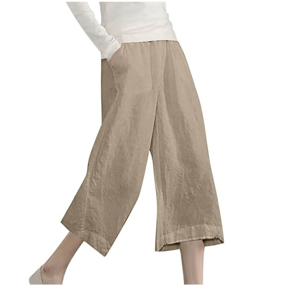 SwiftWear Women's Cotton Linen Capri Pants with Pockets -Plus Size Elastic Waist Casual Cropped Trousers, Breathable Comfort Fit S-3XL