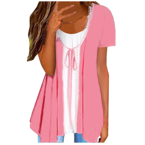Top de dos piezas falso de cuello redondo de manga corta sexy casual de moda para mujer Fridja ghk2763