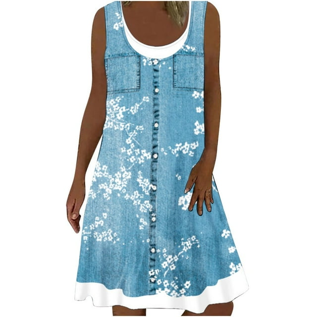 CHOK Robes d'Été pour Femmes Grande Taille Robes d'Été Grande Taille pour Femmes Plage Col en U Sans Manches Faux Deux Pièces Robe T-Shirt de Fête Midi Robe Ample