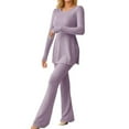 thumbnail image 1 of Women‘s Two Piece Knit Matching Outfits Crew Neck Slit Hem Tee And Pants Tracksuit Sets, 1 of 5