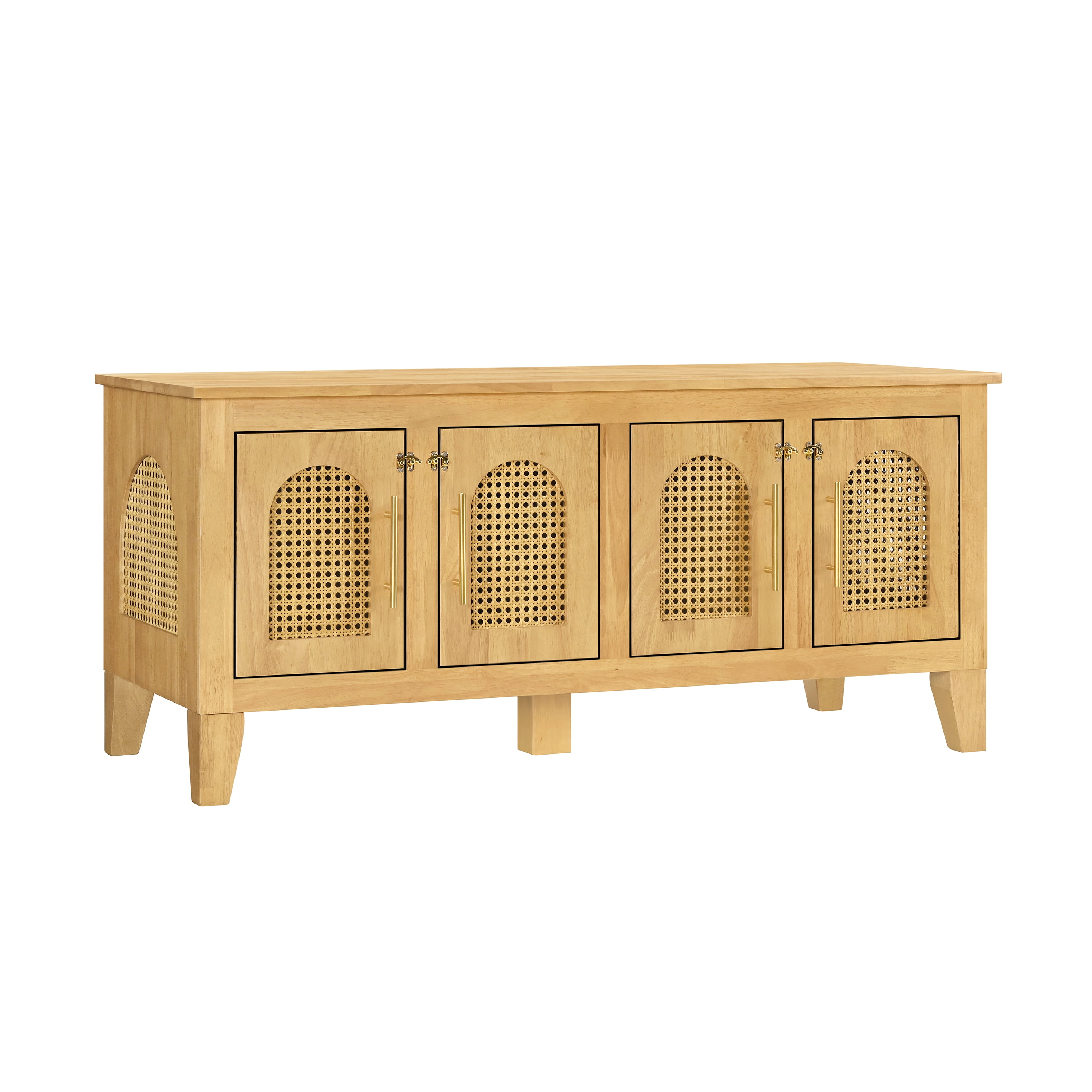 Indoor Rattan Decorated Rubber Wood Dog Crate Cabinet, Pet Kennel with Storage & 4 Doors for Living Room