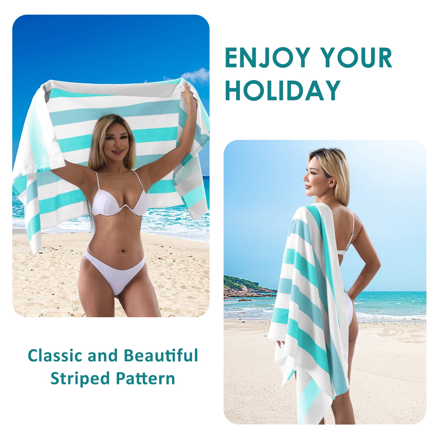 Smuge 4 Pack Cabana Stripe Beach Towels, 60x30 inches Microfiber Lightweight Outdoor Large Swim Towel for Adults (Green Sea Blue)