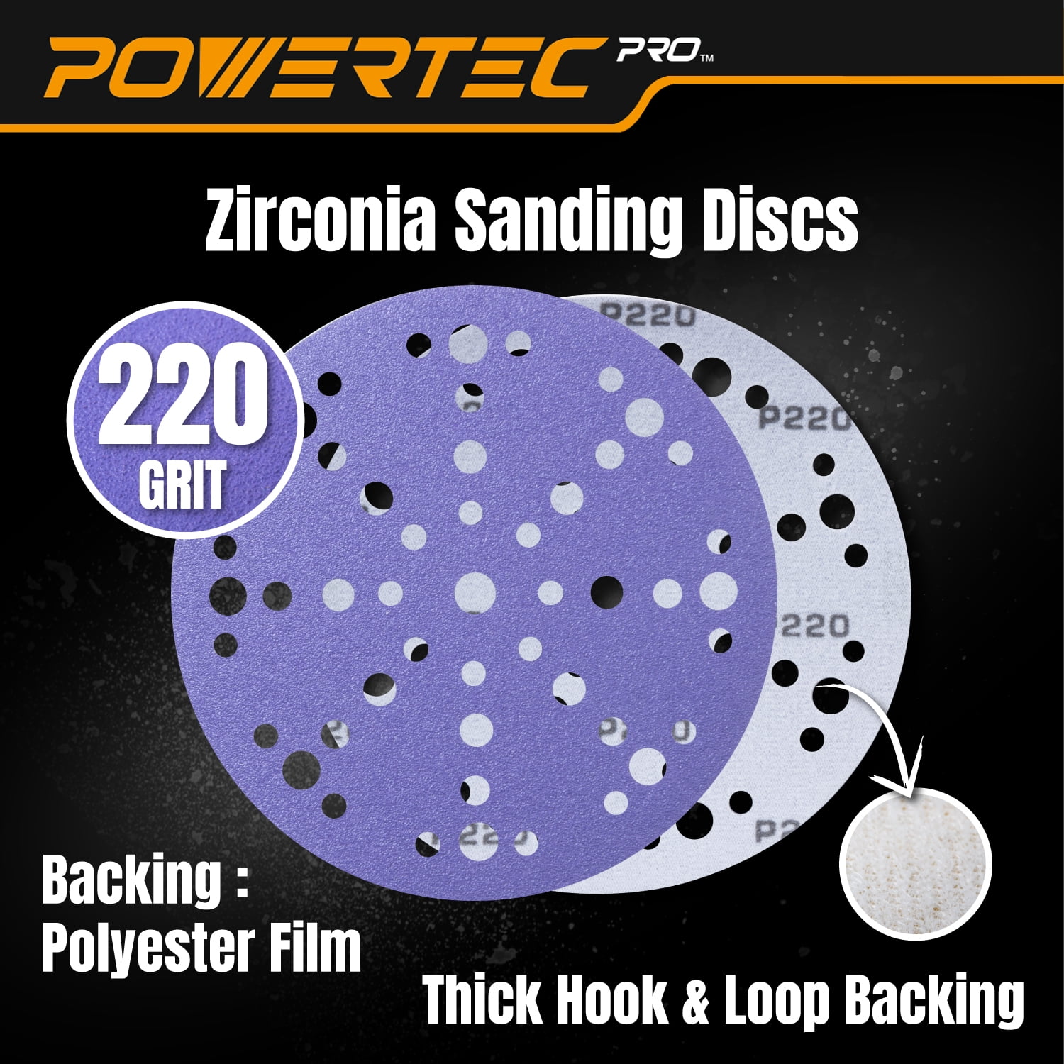 POWERTEC 50PK PRO 6 Inch 49 Holes Sanding Disc, 220 Grit, Zirconia Hook and Loop Film Backing Sandpaper for Festool Random Orbital Sanders - Automotive, Paint, Metal, Woodworking, 46122Z-50