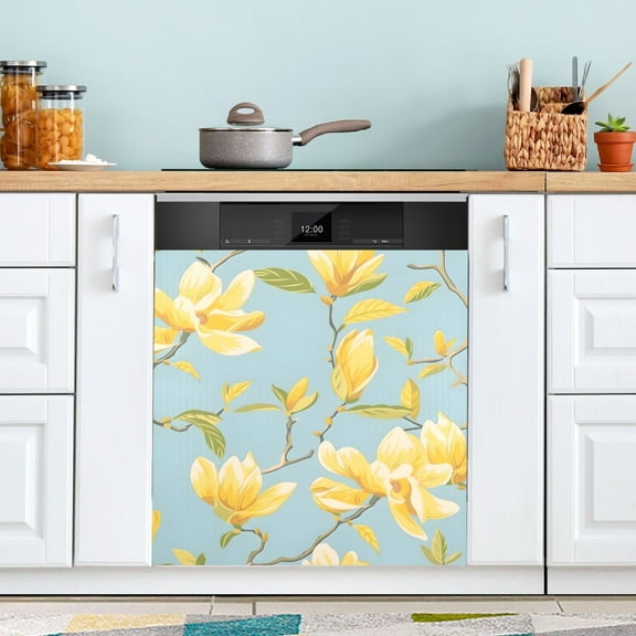 Yellow Magnolia Flower Dishwasher Magnet Cover Magnetic Fridge Door Cover Home Kitchen Decor 23"x 26"