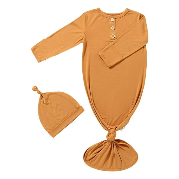 FAOWME Baby Boy Girl Gown Sleeper Knotted Nightgown And Hat Set Sleepwear Orange 0-3 Months
