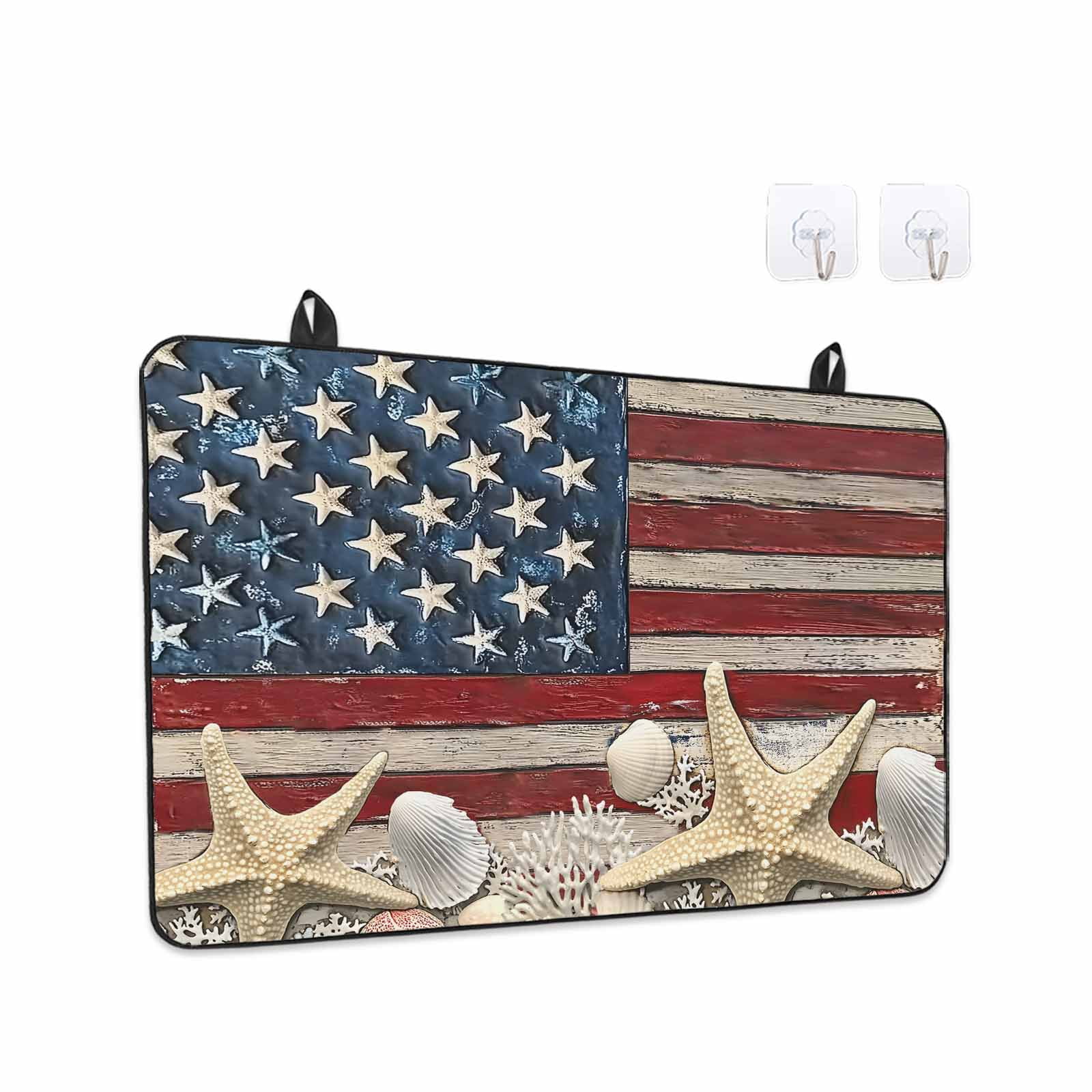 Coastal American Flag Stove Top Cover for Electric Stove, Heat-proof & Non Slip Glass Top Stove Cover Protector, Starfish Shell Vintage Kitchen Flat Cooktop Rubber Mat 24x21 Inches