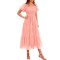thumbnail image 1 of Vestido PRETTYGARDEN Midi con Fruncido, Tul y Mangas Abullonadas Coral Rosa Talle S, 1 of 7