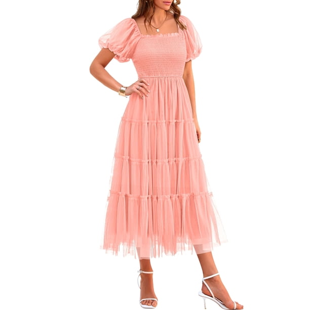 Vestido PRETTYGARDEN Midi con Fruncido, Tul y Mangas Abullonadas Coral Rosa Talle S