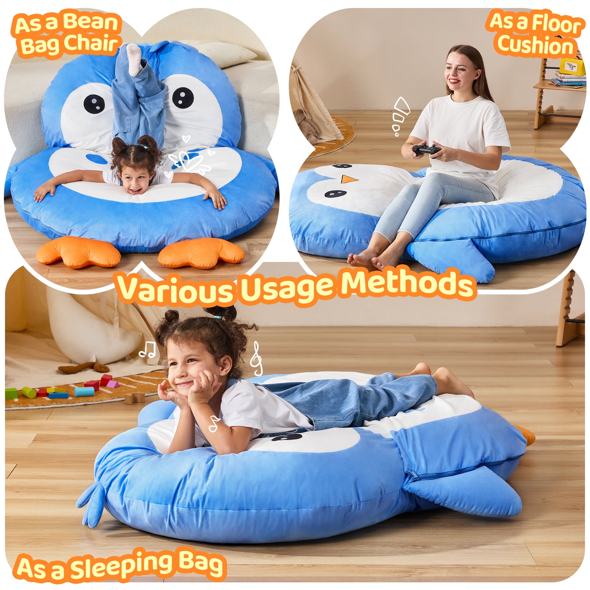 Hobestluk Bean Bag Chairs Bean Bag Floor Cushion Sleeping Mat Bean Bag Chair for Adults Beanbag Lounger for Living Room Bedroom or Playroom (Blue, Medium, Penguin)