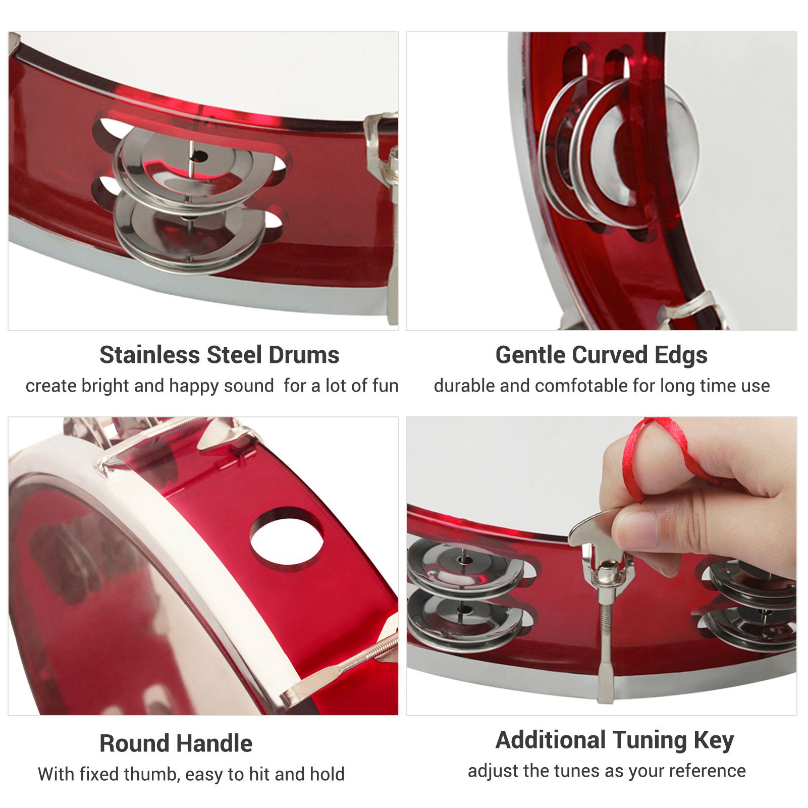 Tambourine for Kids 10 Inch Handheld Red Tambourine Double Row Percussion Drum Set Musical Toy for Performance Adults Kids Tuning Key