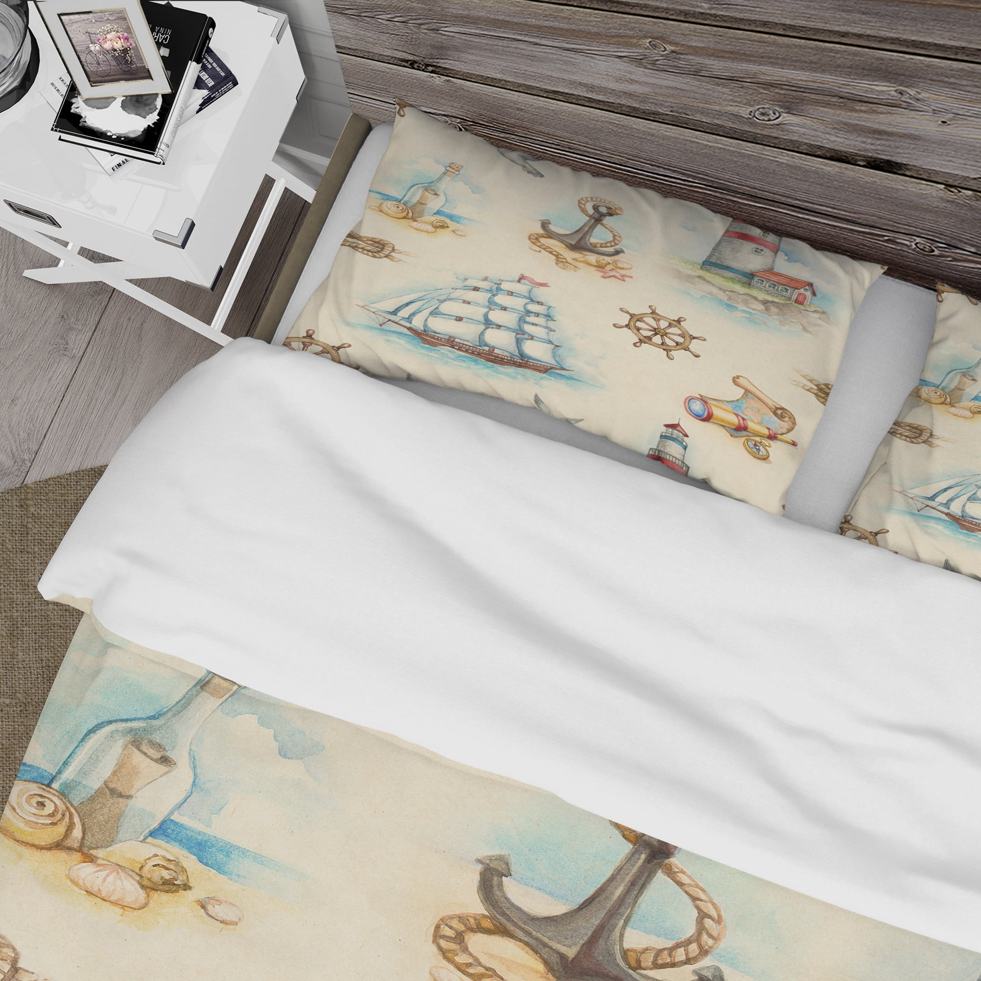 Designart 'Watch tower, binocular, sail boat' Coastal Duvet Cover Set