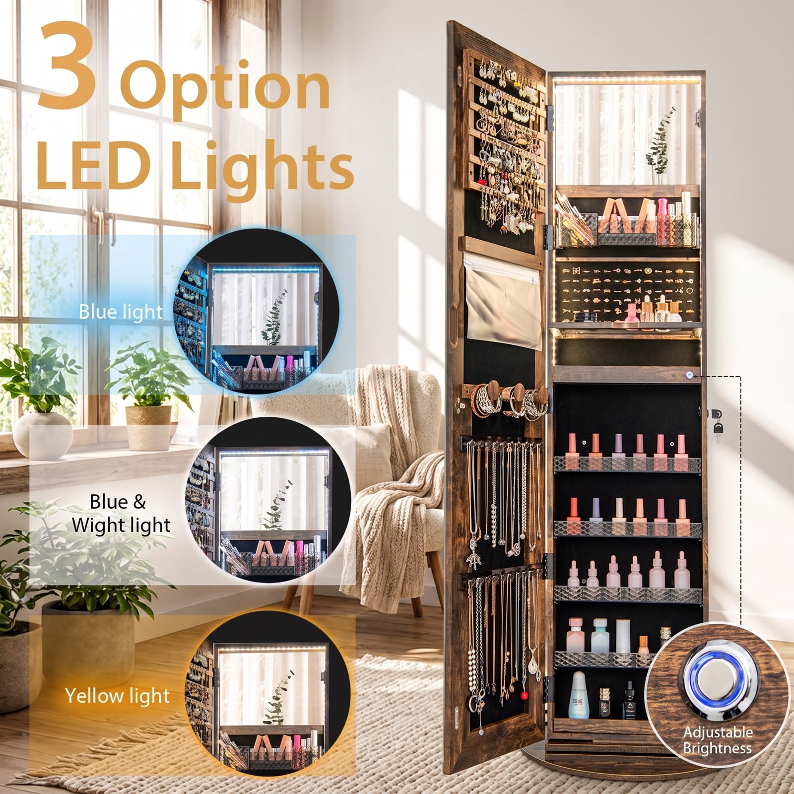 Furnibear Freestanding Rotating Jewelry Cabinet with Adjustable LED Full-Length Mirror and Makeup Mirror for Bedroom, Coffee