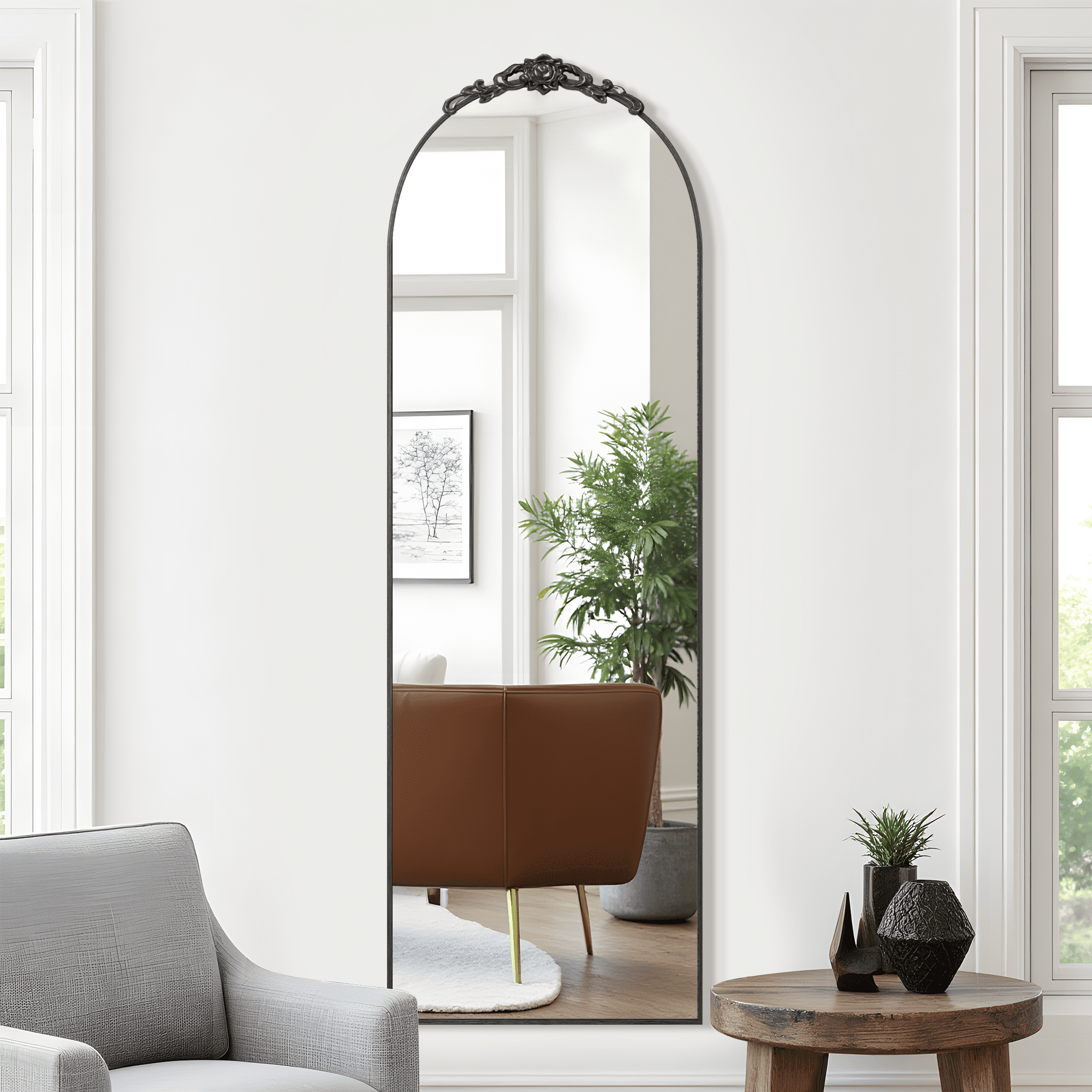 MAYEERTY 65"×22" Black Aluminum Slim-Frame Arched Full-Length Mirror Stable Stand for Entryway