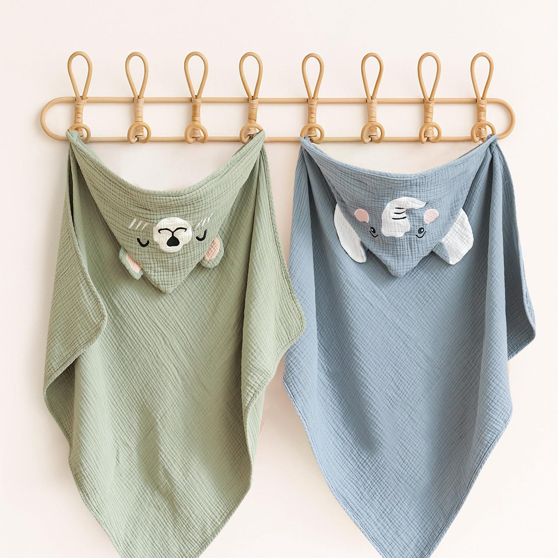 WIBACKER Baby 100% Cotton Muslin Cartoon Hooded Bath 2 Pack-32 x 32 Inches Towels Soft & Absorbent Bath Towel for Newborn Infant Essential Baby Gift