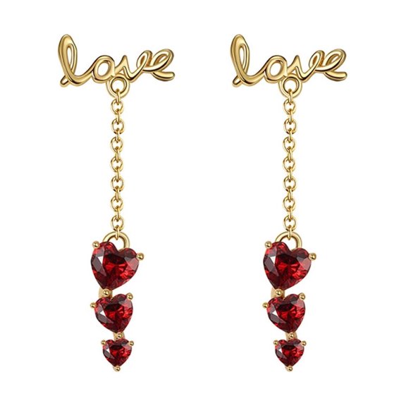 Love Red Hearts Chain Dangle Earrings for Women Gold Plated Sterling Silver Ginger Lyne