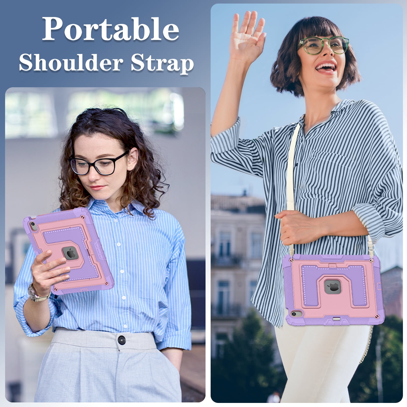 Rugged Case for Apple iPad Air 13 Inch M4 M3 M2 2026/2025/2024, Heavy Duty Tablet Case with Kickstand, Pencil Holder & Detachable Shoulder Strap, Purple+Gold
