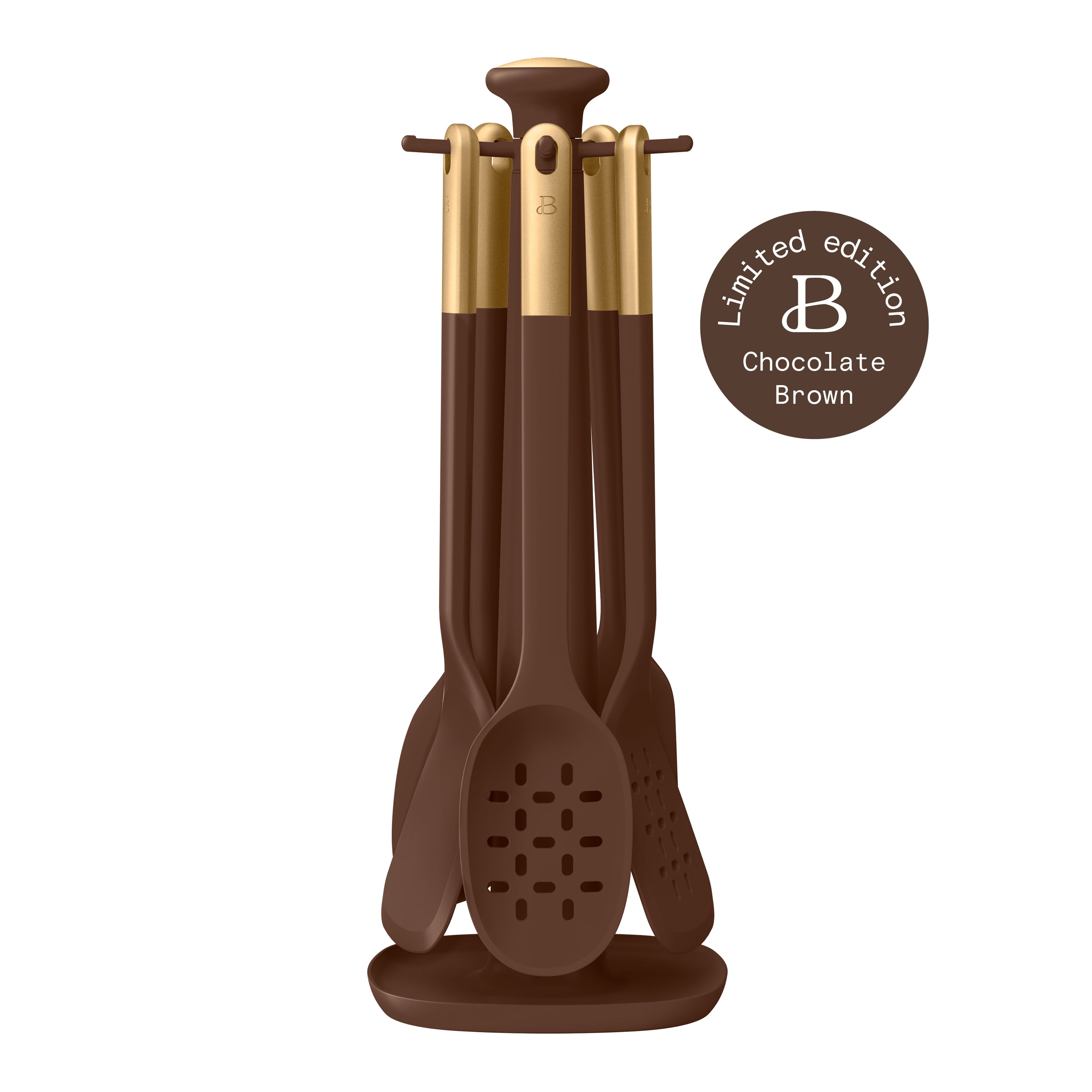 Beautiful 6-Piece Silicone Kitchen Utensil Tool Set with Rotating Rack, Chocolate by Drew Barrymore