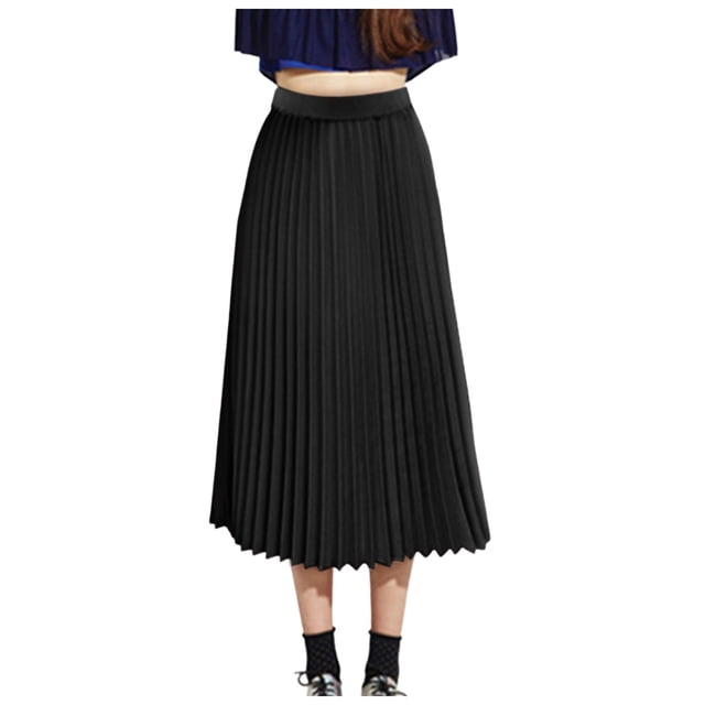 Falda midi elástica plisada lisa para mujer - Estilo elegante e informal - Poliéster - Tallas S-XL