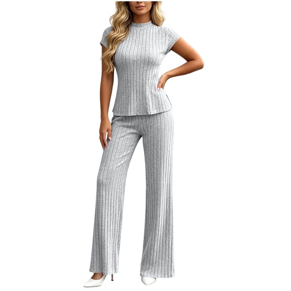 PRINxy Women Basic Summer Matching Outfit Solid Crew Neck Short Sleeve Tee Elastic Straight Trousers Soft Comfortable Daily Home Leisure Two Piece Set Gray L