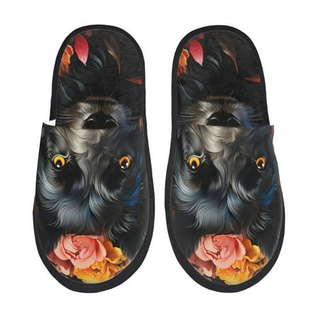 Balery Colorful Floral Black Dog Slient Indoor Furry Fleece Comfort House Shoes Soft Non-Slip Home Shoes Cotton slippers House Slippers-- Medium