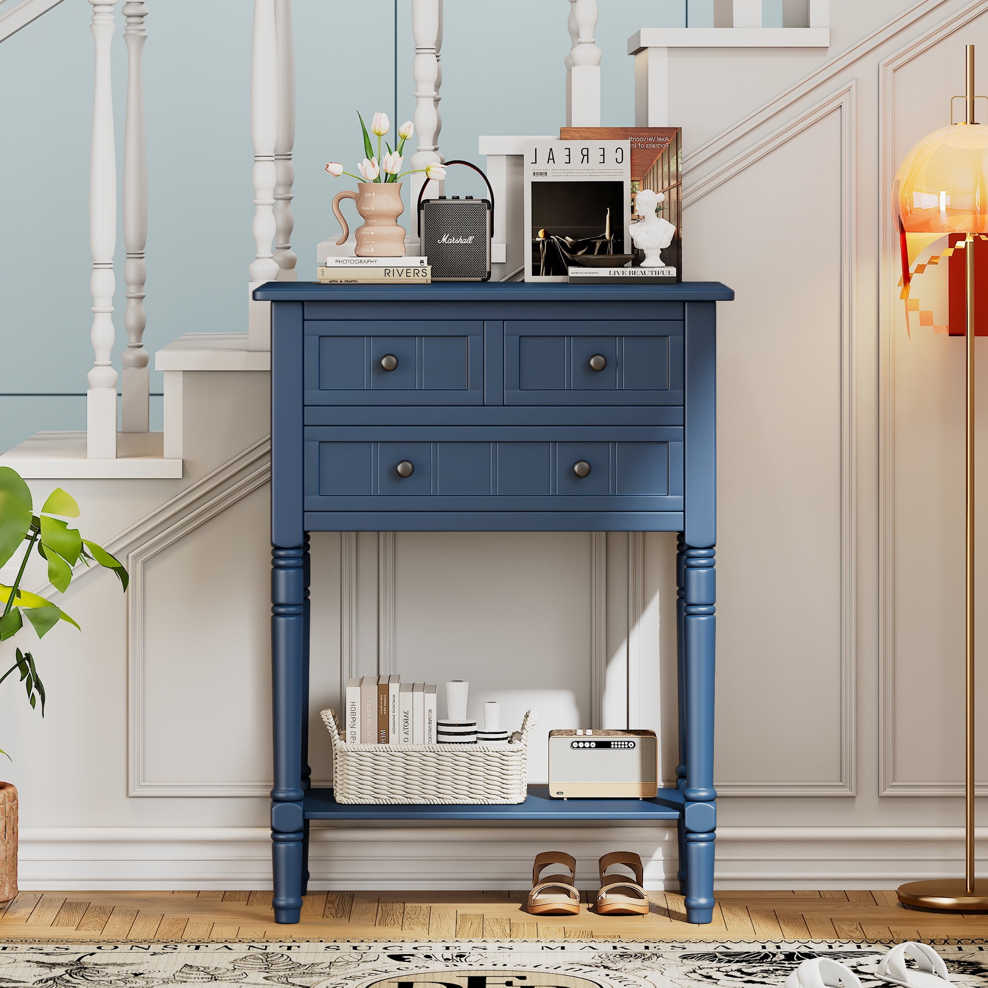 Harper & Bright Designs Narrow Console Table with Storage Drawers and Bottom Shelf for Entryway Living Room, Retro Console Table for Small Space, Navy