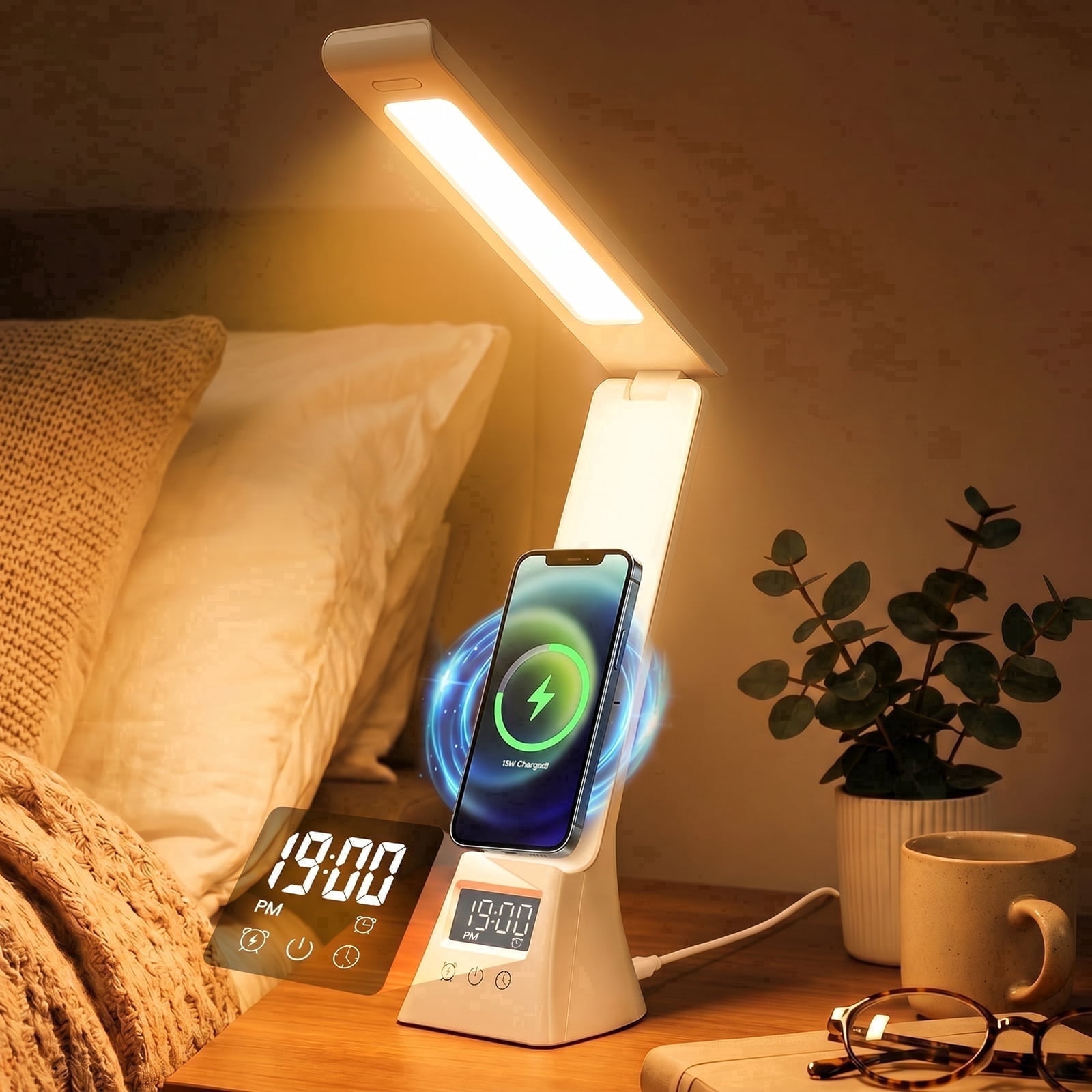 Jionchery LED Dimmable Desk Lamp with Digital Alarm Clock, 3 Color Modes Foldable Table Lamp with 15 W Jionchery LED Dimmable Desk Lamp with Digital Alarm Clock, 3 Color Modes Foldable Table Lamp with