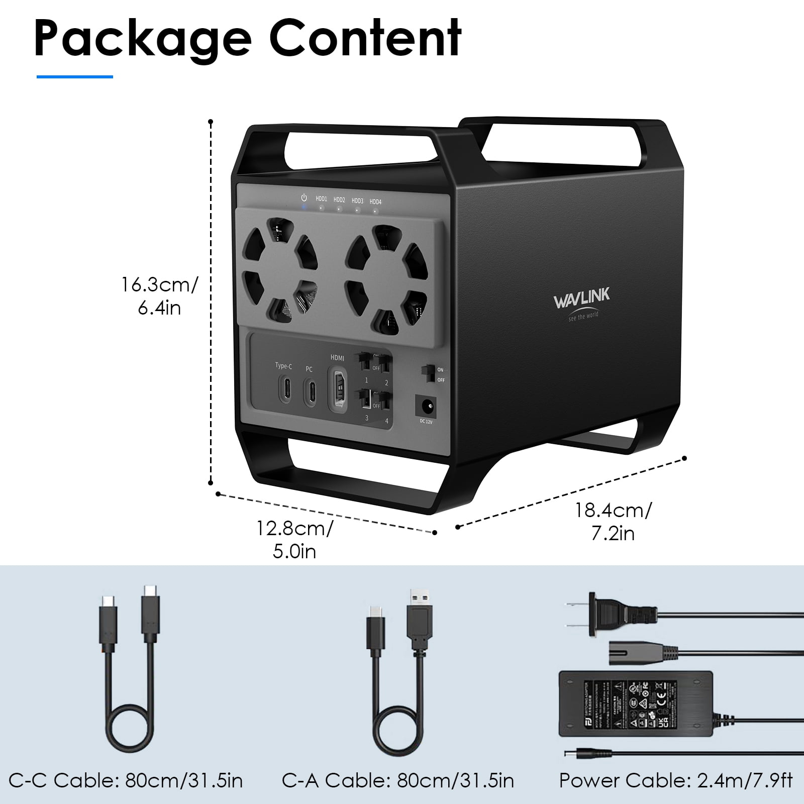 WAVLINK 4-Bay Hard Drive Enclosure for 3.5" and 2.5'' SATA HDD/SSD Featuring 10Gbps USB-C 3.2, 88TB Capacity, Built-in Temp-Controlled Cooling Fans, HDMI 4K Video Output, Aluminum Alloy Shell