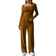 thumbnail image 2 of UAMVSH Women's 2 Piece Outfits Slim Fit Long Sleeve Square Neck Cropped Tops Wide Leg Tracksuits Casual Loungewear Sets(XX-Large,Brown), 2 of 7