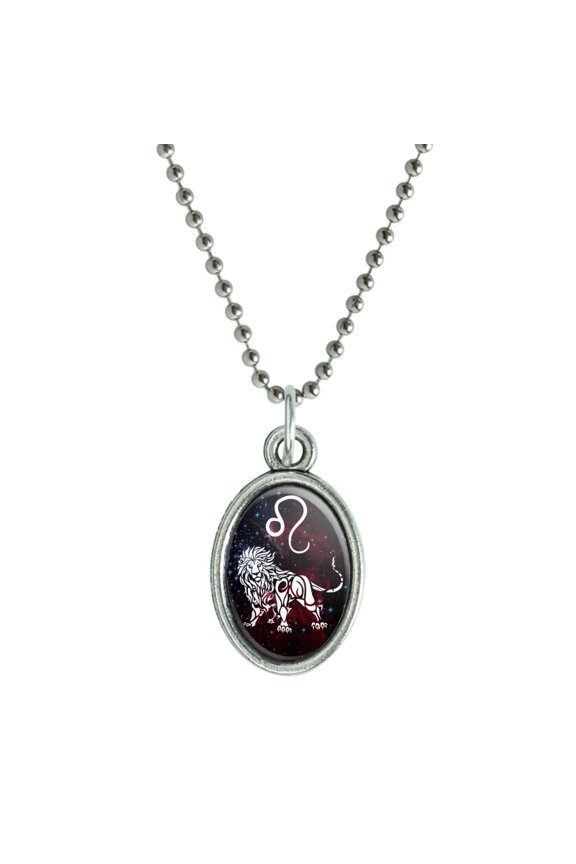 Leo Lion Zodiac Sign Horoscope in Space Antiqued Oval Charm Pendant with Chain