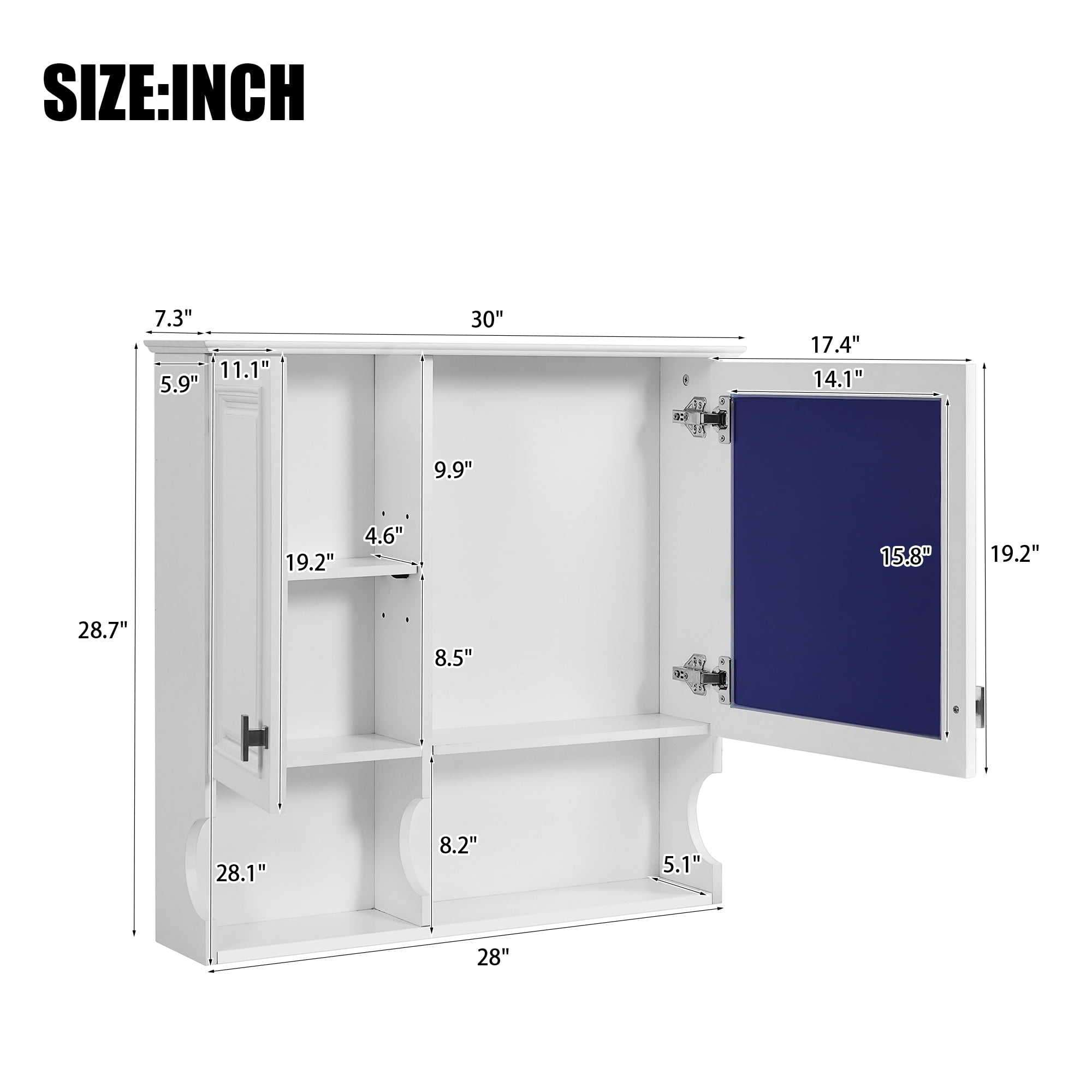 Euroco 30 Inch Mirror Medicine Cabinet with Open Shelves, Wall Mounted Home Storage with Doors & Mirror, Adjustable Shelf, Bathroom Storage Cabinet over Toilet