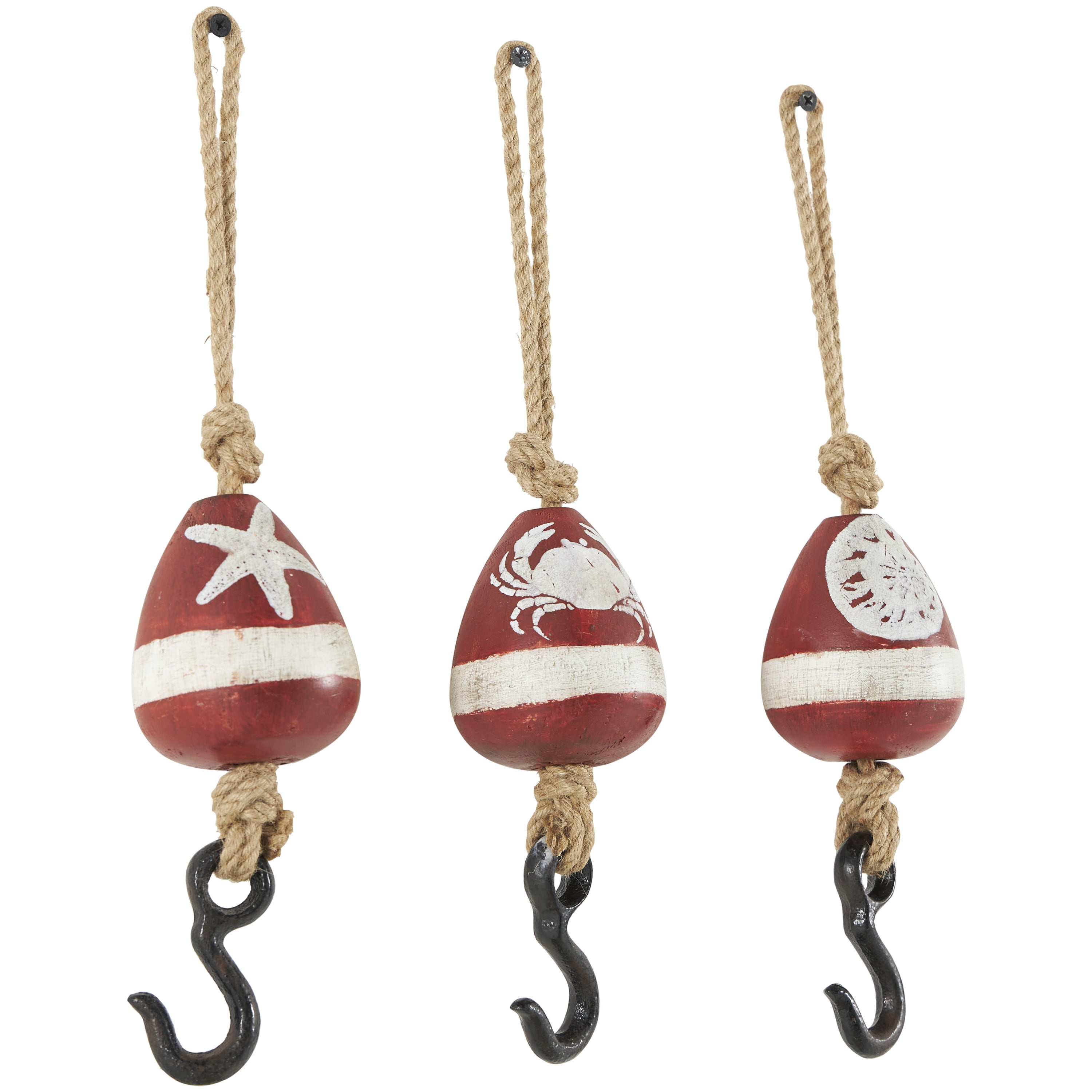DecMode 3"W, 14"H Red Wood Buoy Wall Hook with Jute Rope and Metal Hook, 3-Pieces