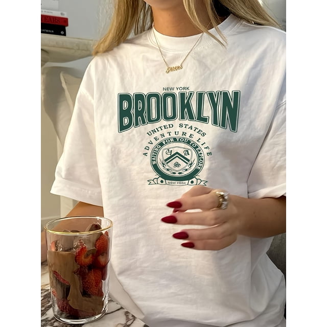 Brooklyn-Inspired Casual Printed T-Shirt for Women - Crew Neck, Short Sleeve, Polyester, Machine Washable - Perfect for Summer, Round Neck, Casual