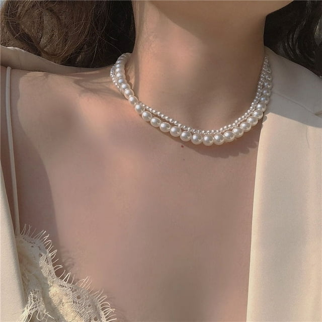 Collar de perlas de doble capa estilo palacio retro Collar de cadena tipo gargantilla de estilo Hong Kong de alto nivel y combinable
