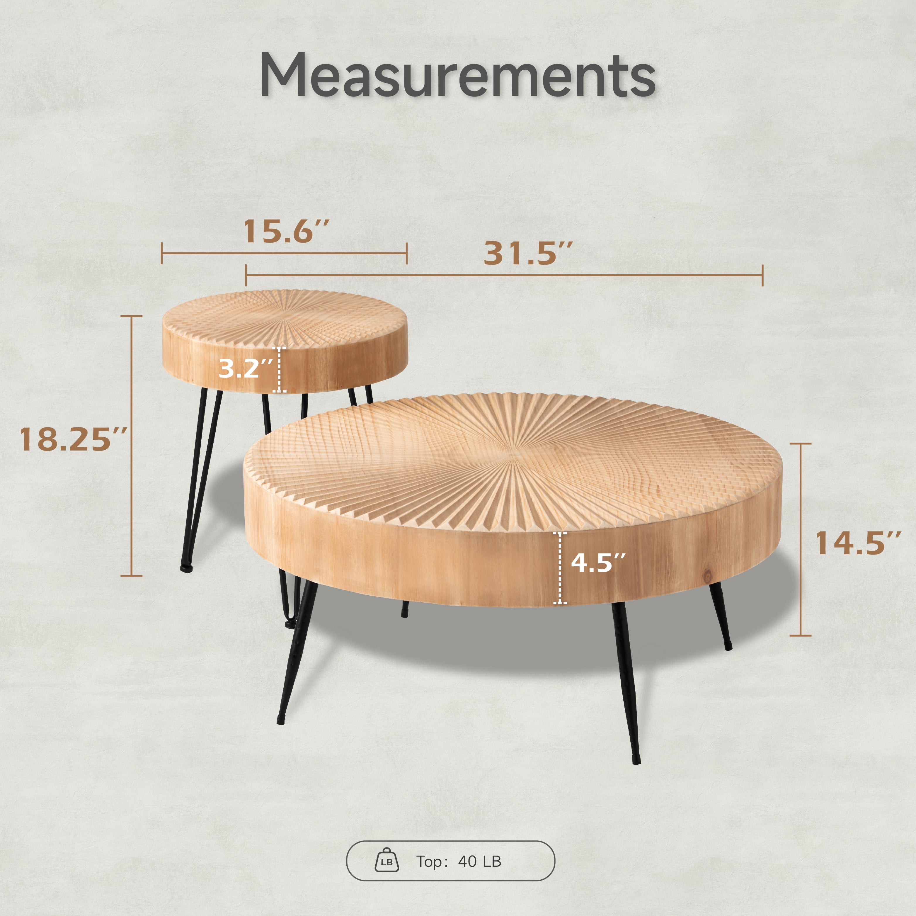 COZAYH 2-Piece Modern Farmhouse Living Room Coffee Table Set, Nesting Table Round Natural Finish with Handcrafted Wood Radial Pattern