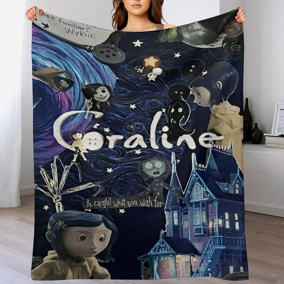 Fun cartoon Coraline Halloween print super soft flannel plush blanket, multi-purpose suitable for sofa bedroom living room or travel