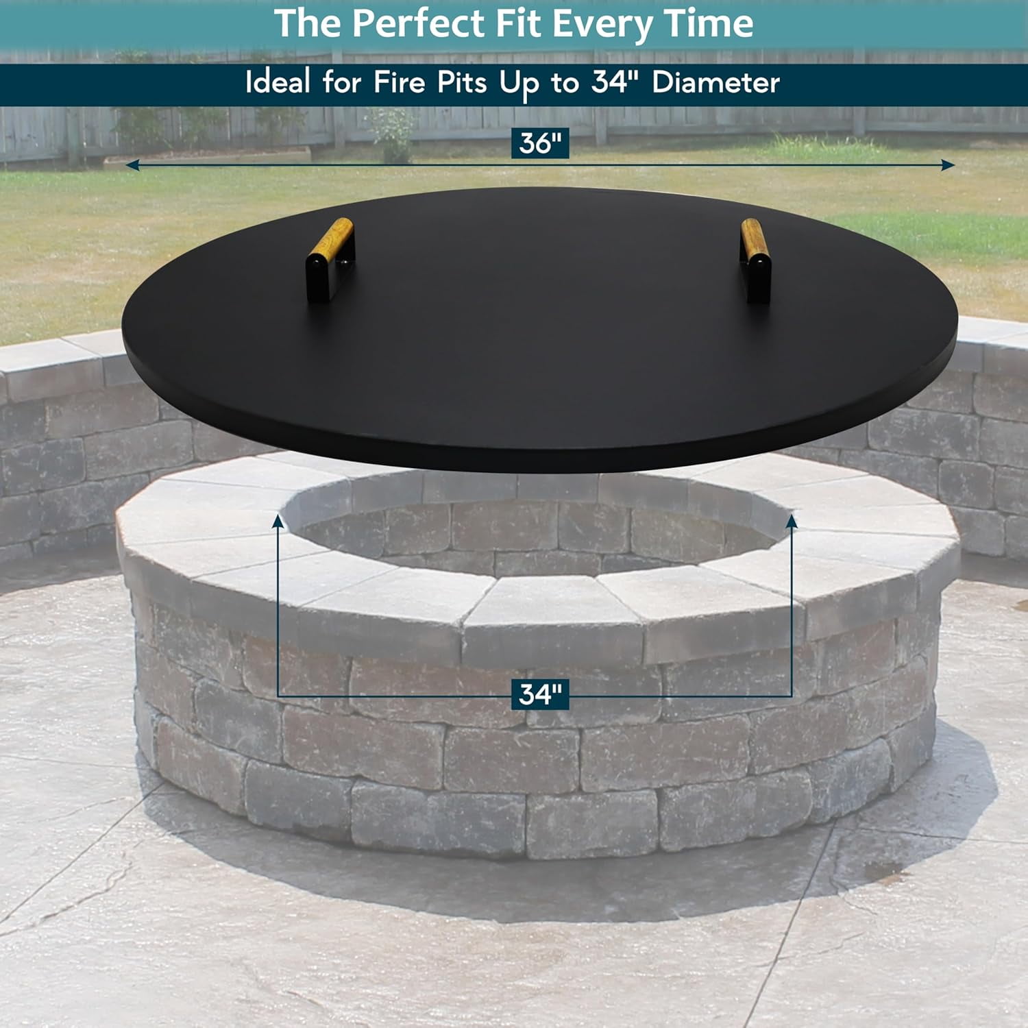 Febtech 36" Fire Pit Cover Round with Dual Wooden Handles Perfect for Fire Pit Inside Up to 34"