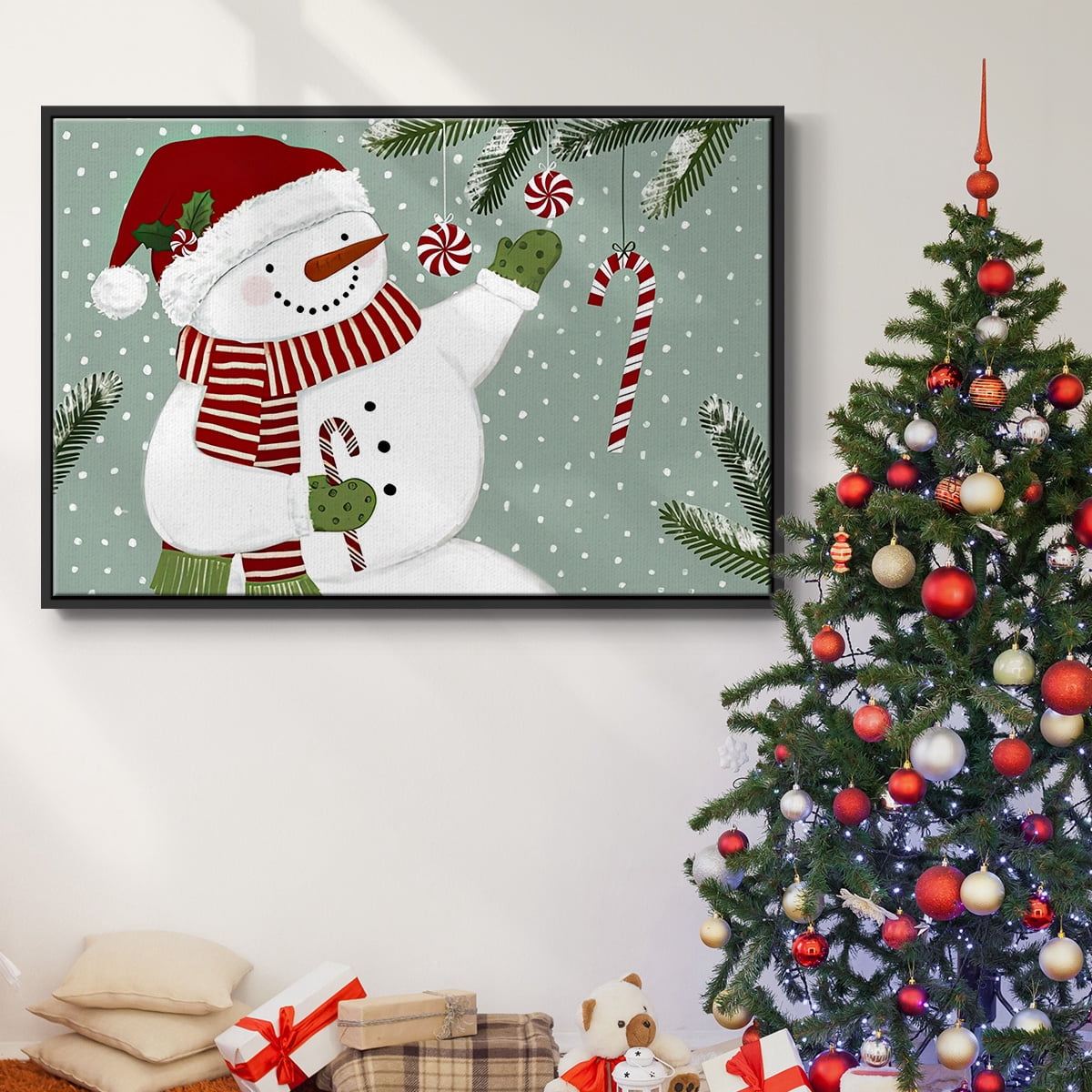 Peppermint Snowman Collection A - Framed Gallery Wrapped Holiday Canvas - 27 x 41 - Black Frame