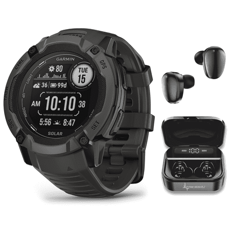 Garmin Instinct 2X Solar Rugged GPS Smartwatch, Graphite with Power Glass Lens, LED Flashlight with Wearable4U Black EarBuds Bundle