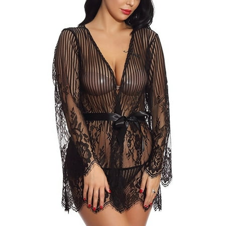 

Capreze Women Lingerie Floral Nightwear Lace Teddy Chemise Deep V Neck Ladies Backless Belted Sexy Hollow Out Black S