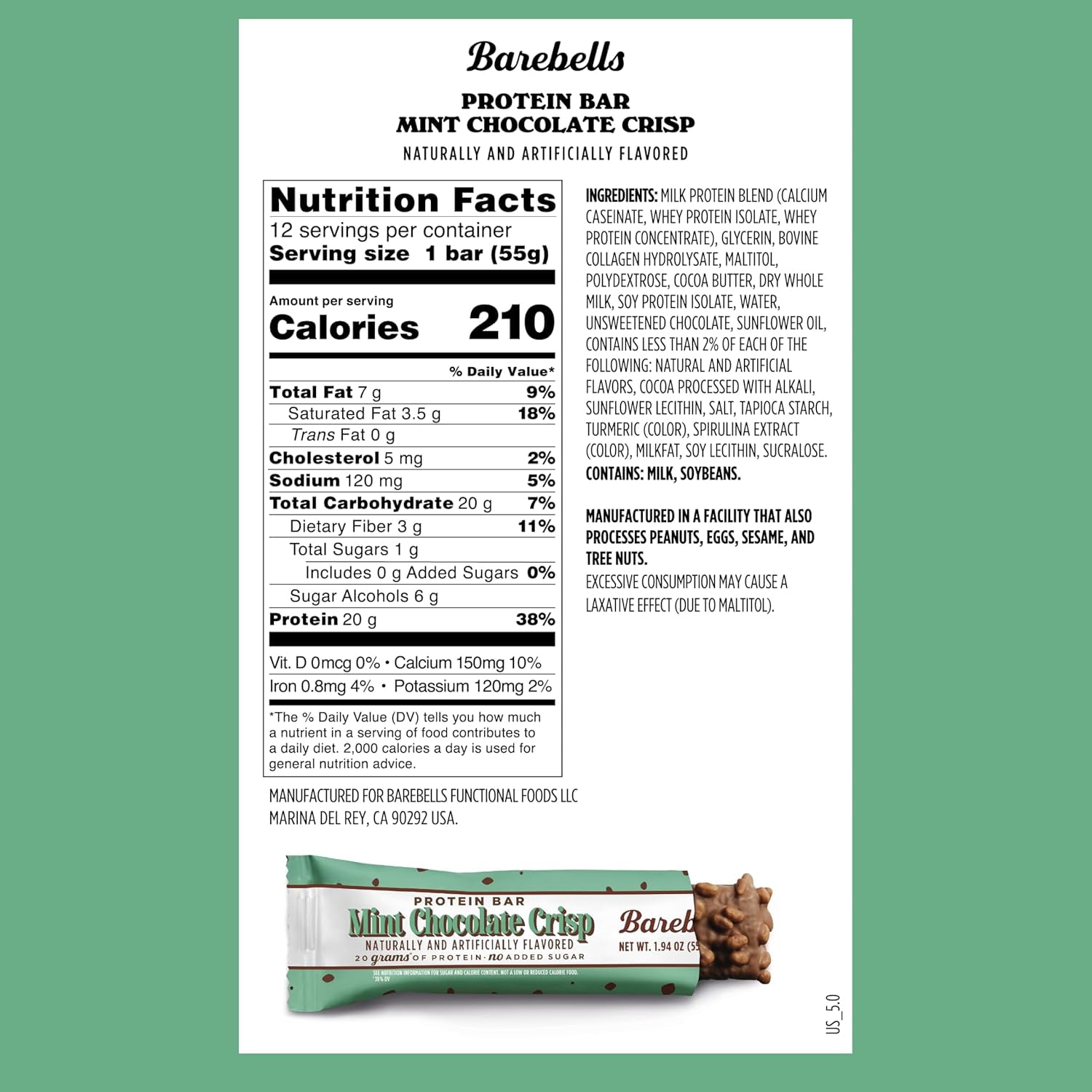 Barebells Mint Chocolate Crisp Protein Bar – 20g Protein – No Added Sugar – 12 x 55g High Protein Snack – Post Workout Snack