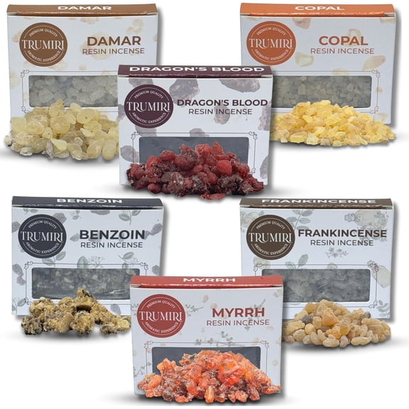 Resin Incense - Natural Tree Gum Sap - 6x30g Variety Pack Including Frankincense and Myrrh Copal Benzoin Dragon's Blood Damar